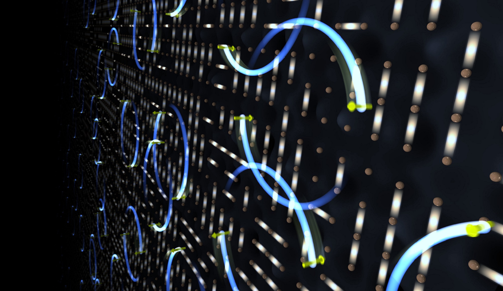 Superconductor cuprate rings lit up in blue and green on a black grid