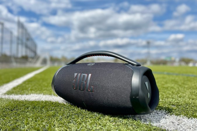  JBL Boombox 3 party speaker on a soccer field