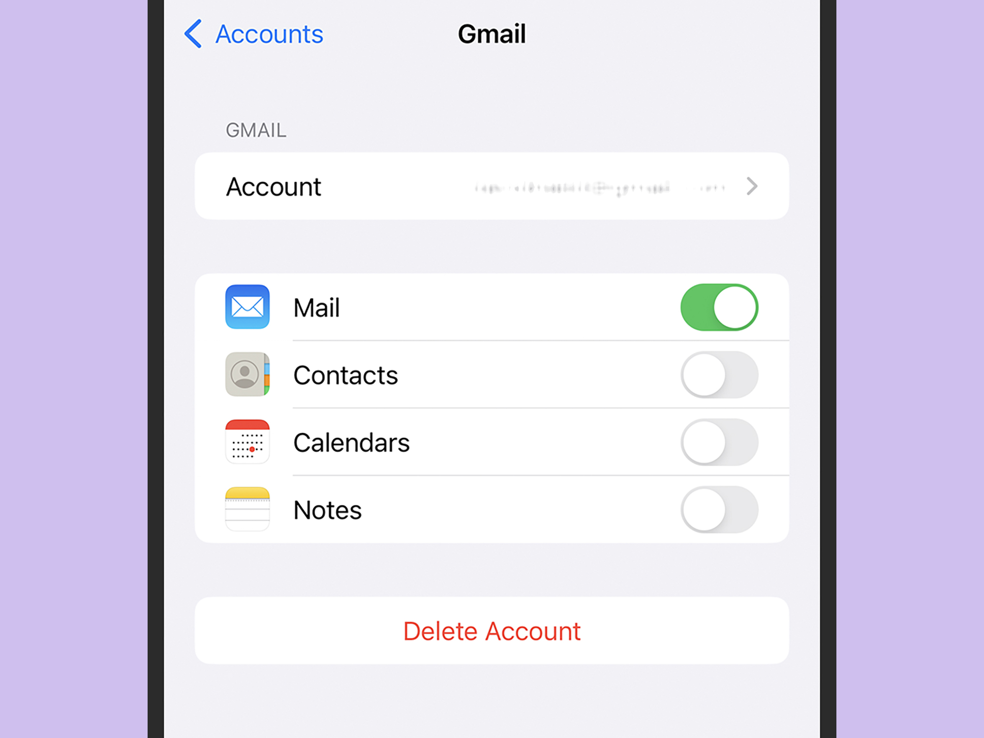 The options for deleting your Gmail account on an iPhone.