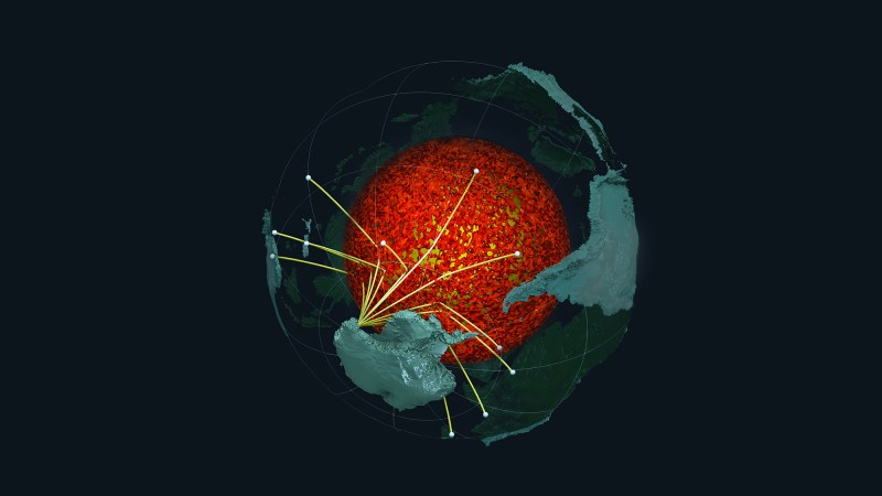 An illustration of the Earth's core with arrows showing how seismographs in Antarctica monitor the core.