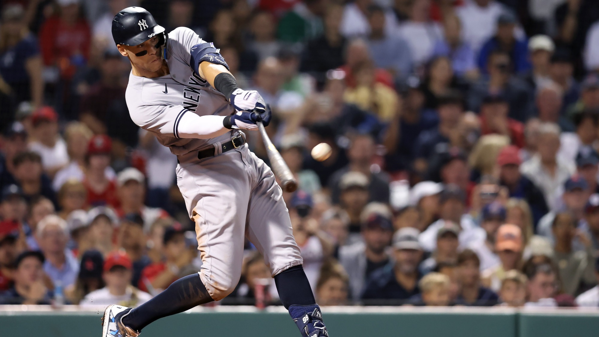 Aaron Judge of the New York Yankees hits a home run against the Boston Red Sox during the eighth inning at Fenway Park on September 13, 2022 in Boston, Massachusetts.