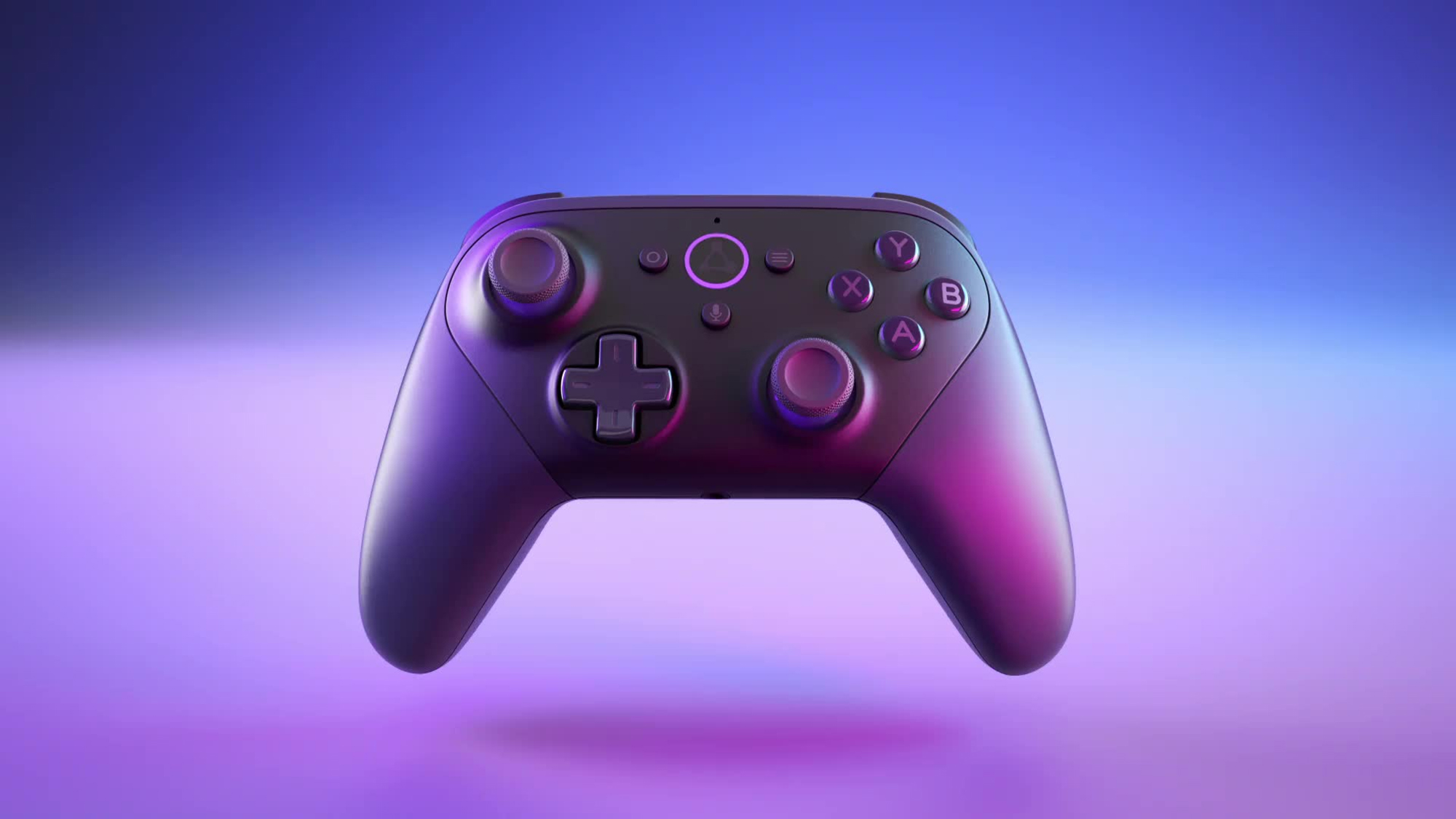 Amazon Luna controller hovering in front of a purple background.