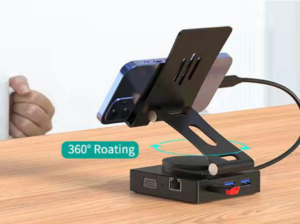 A docking station on a wooden table