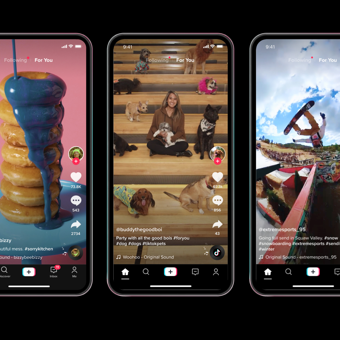 TikTok app for you feed on three smartphone screens