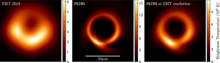 M87 black hole original image next to M87 black hole sharpened image to show AI difference