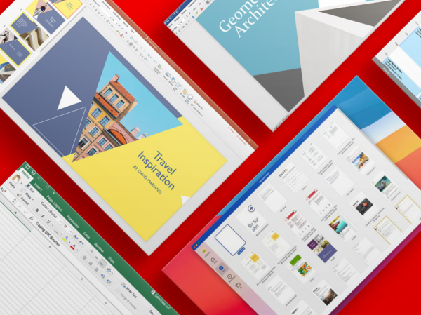 Screenshots of Microsoft Office products on a red background