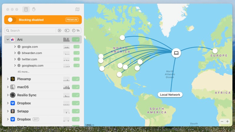 The Little Snitch Mini interface showing a list of Mac apps that are connecting to the internet, and a map of Earth showing where those internet locations physically are.