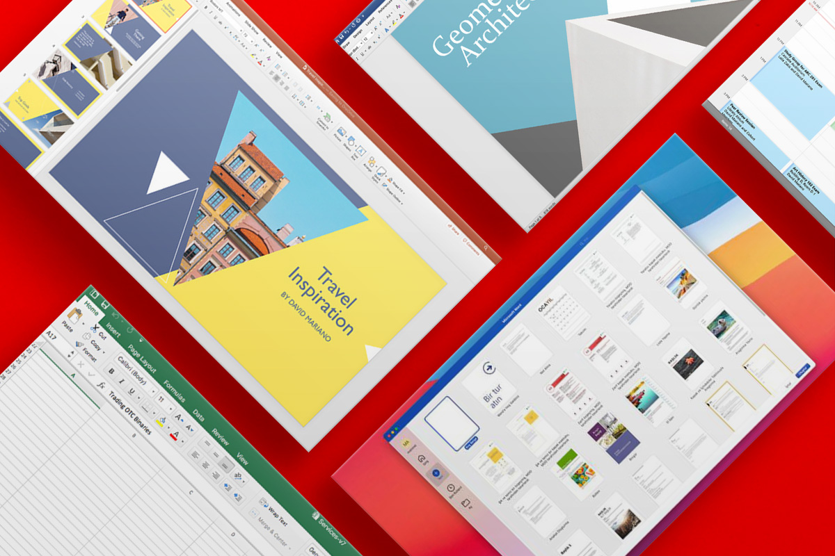 Screenshots of Microsoft for Home and Business on a red background