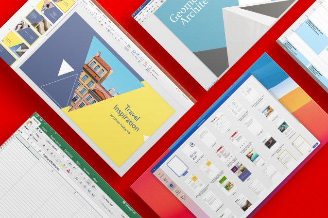 Screenshots of Microsoft for Home and Business on a red background