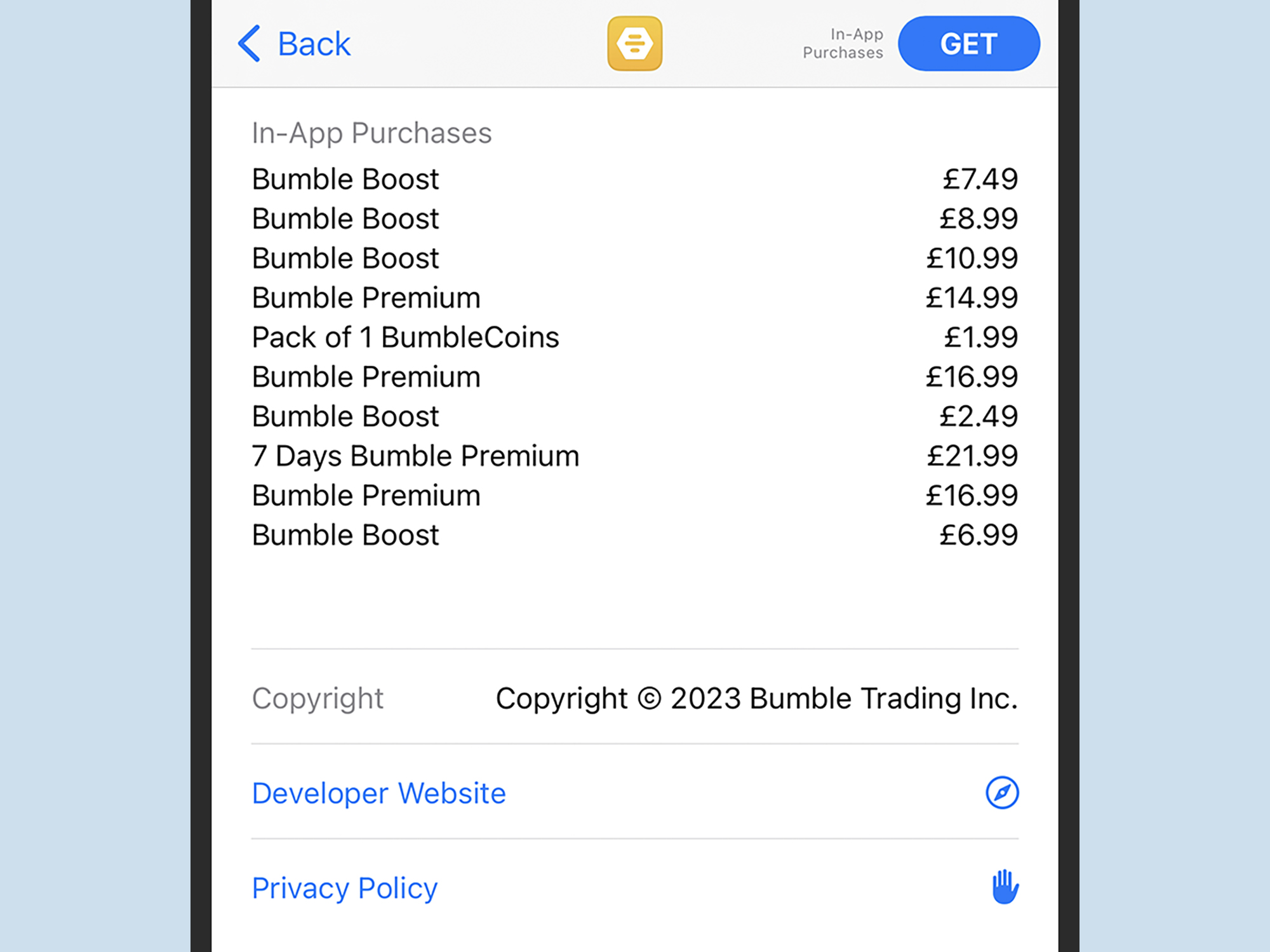 The in-app pricing list for Bumble.
