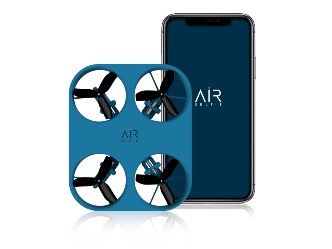 A small square drone on a blue and white background