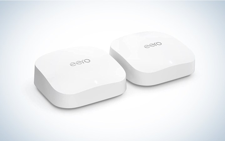  An Amazon eero 6E mesh wifi system on a blue and white background