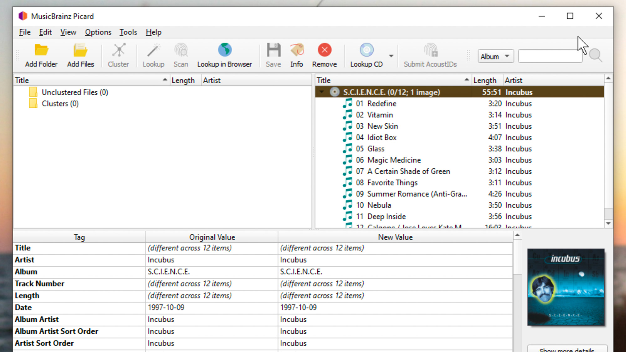 Screenshot of MusicBrainz Picard sorting a music album.