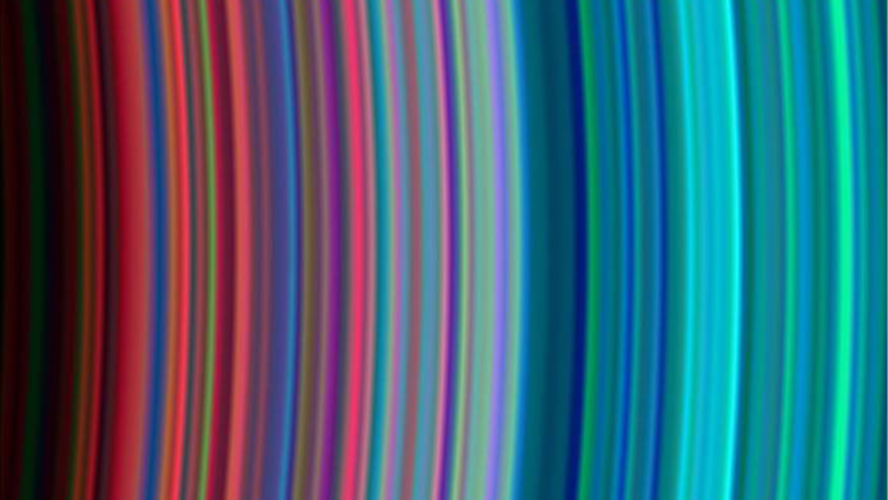 A closeup of Saturn's colorful rings. The image was taken on June 30, 2004 using the Cassini spacecraft’s Ultraviolet Imaging Spectrograph as it entered the planet’s orbit.