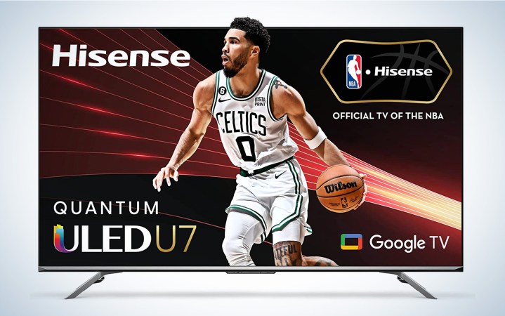  Hisense ULED U7H TV with a basketball player on the screen