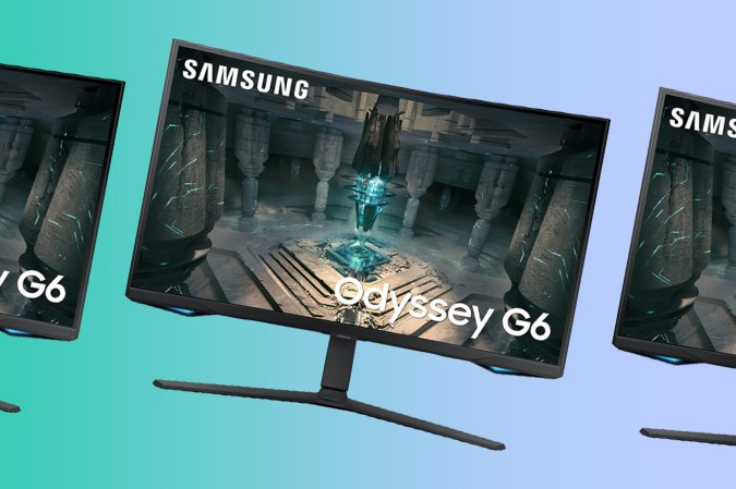 A Samsung G6 monitor on a teal and periwinkle background