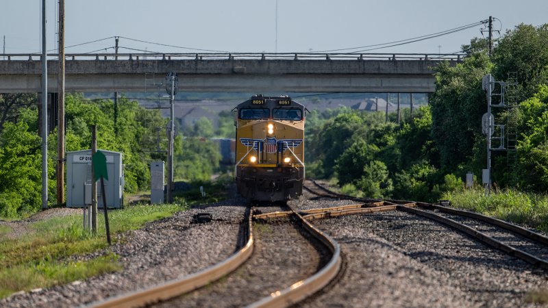 An oncoming Union Pacific freight train