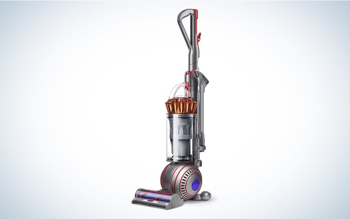  A Dyson Ball Animal 3 vacuum cleaning on a blue and white background