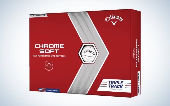  A Callaway chrome soft golf ball set on a blue and white background