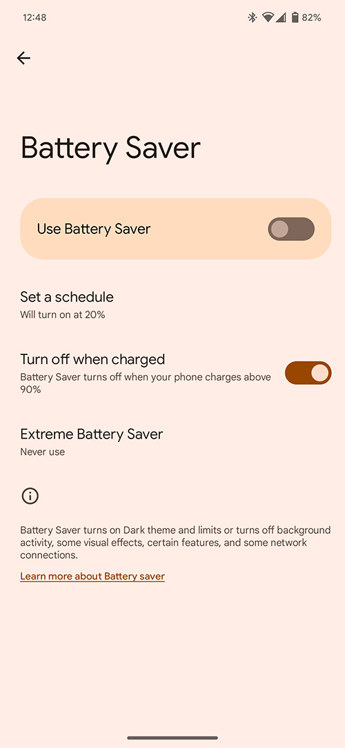 The Battery Saver mode menu on Android 13.