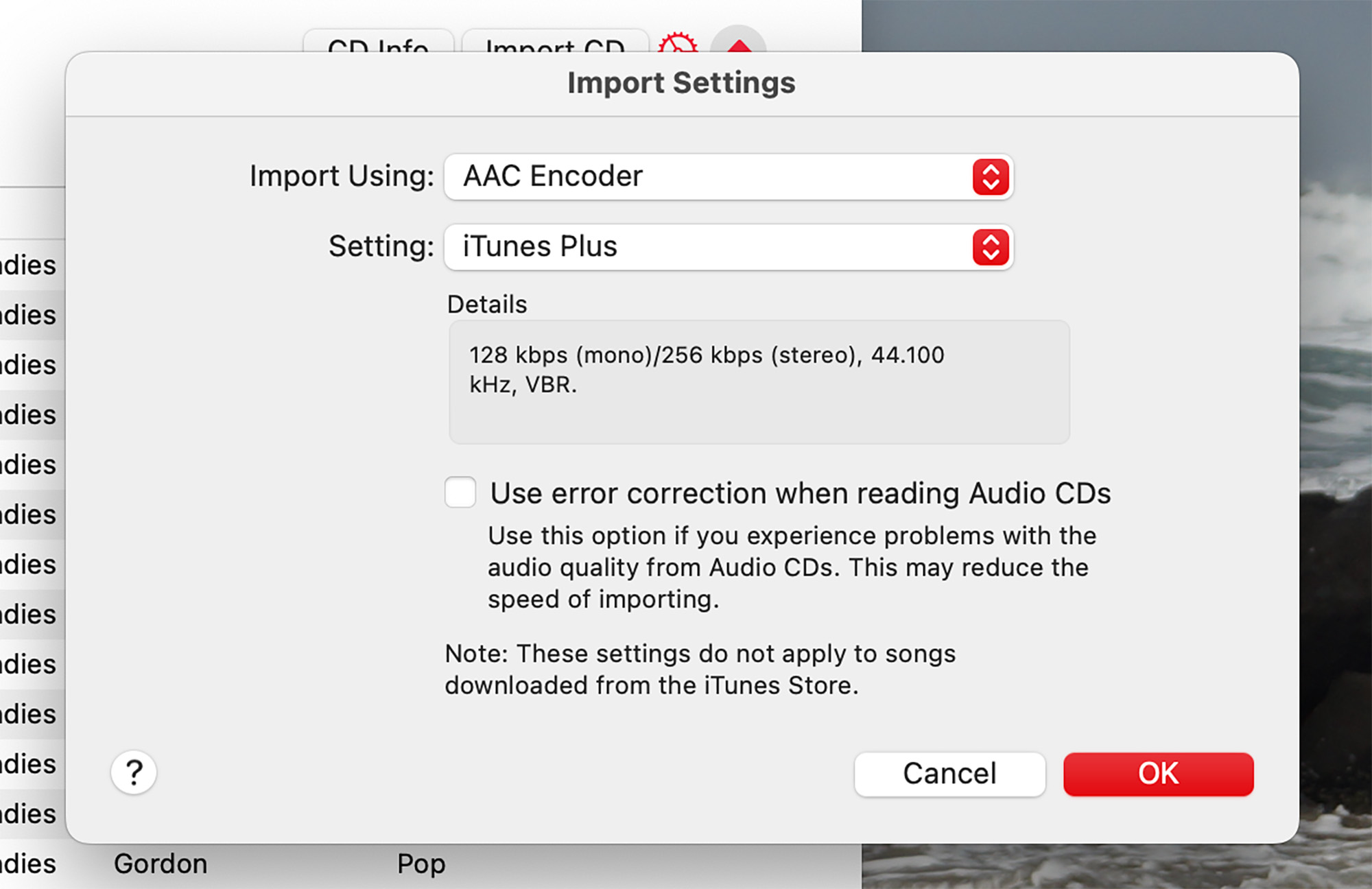 Output formats when ripping CDs on Apple's Music app.