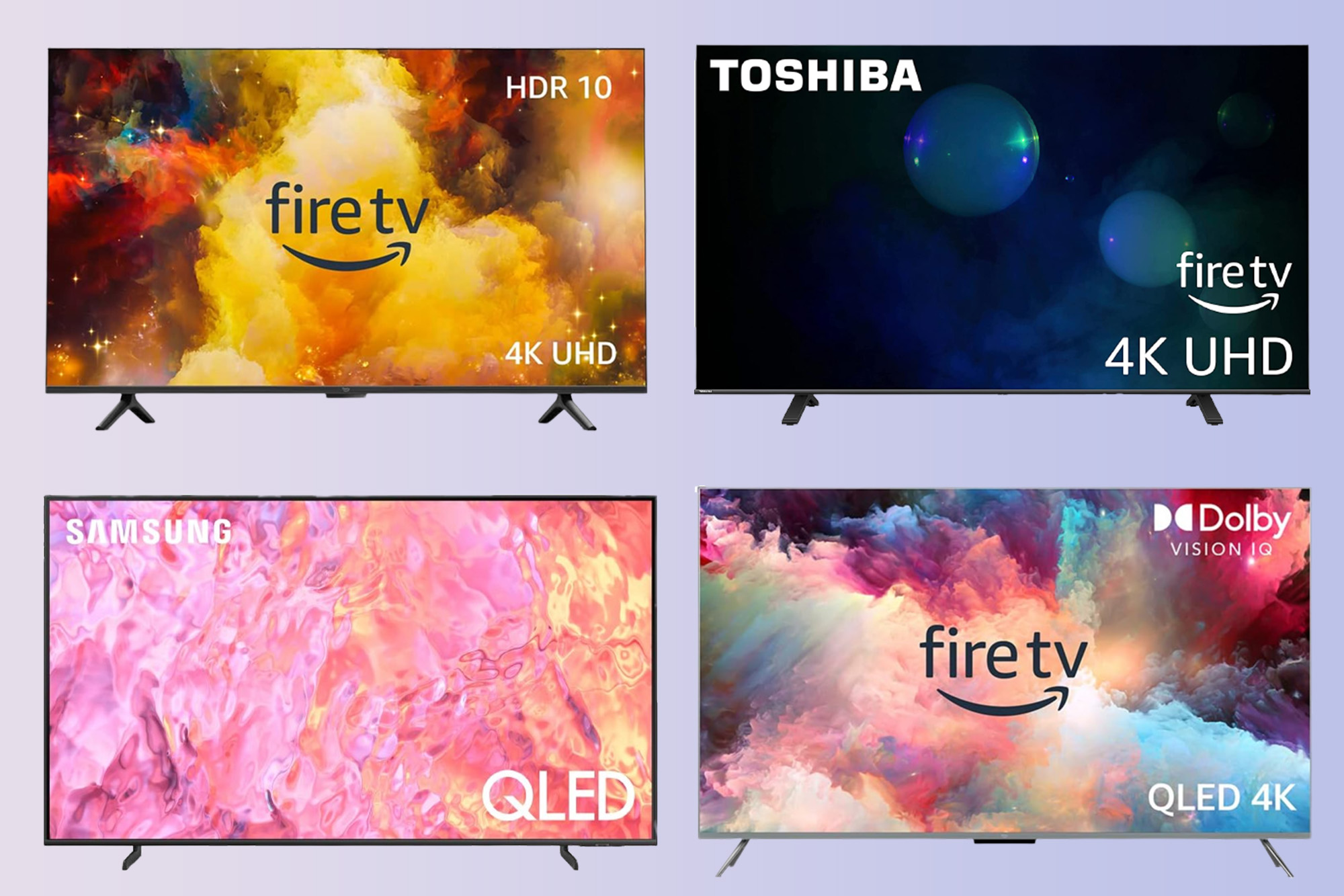 Four amazon TVs on a pink and purple gradient background