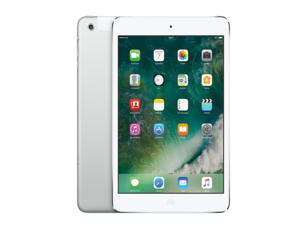 A silver refurbished iPad mini on a white background