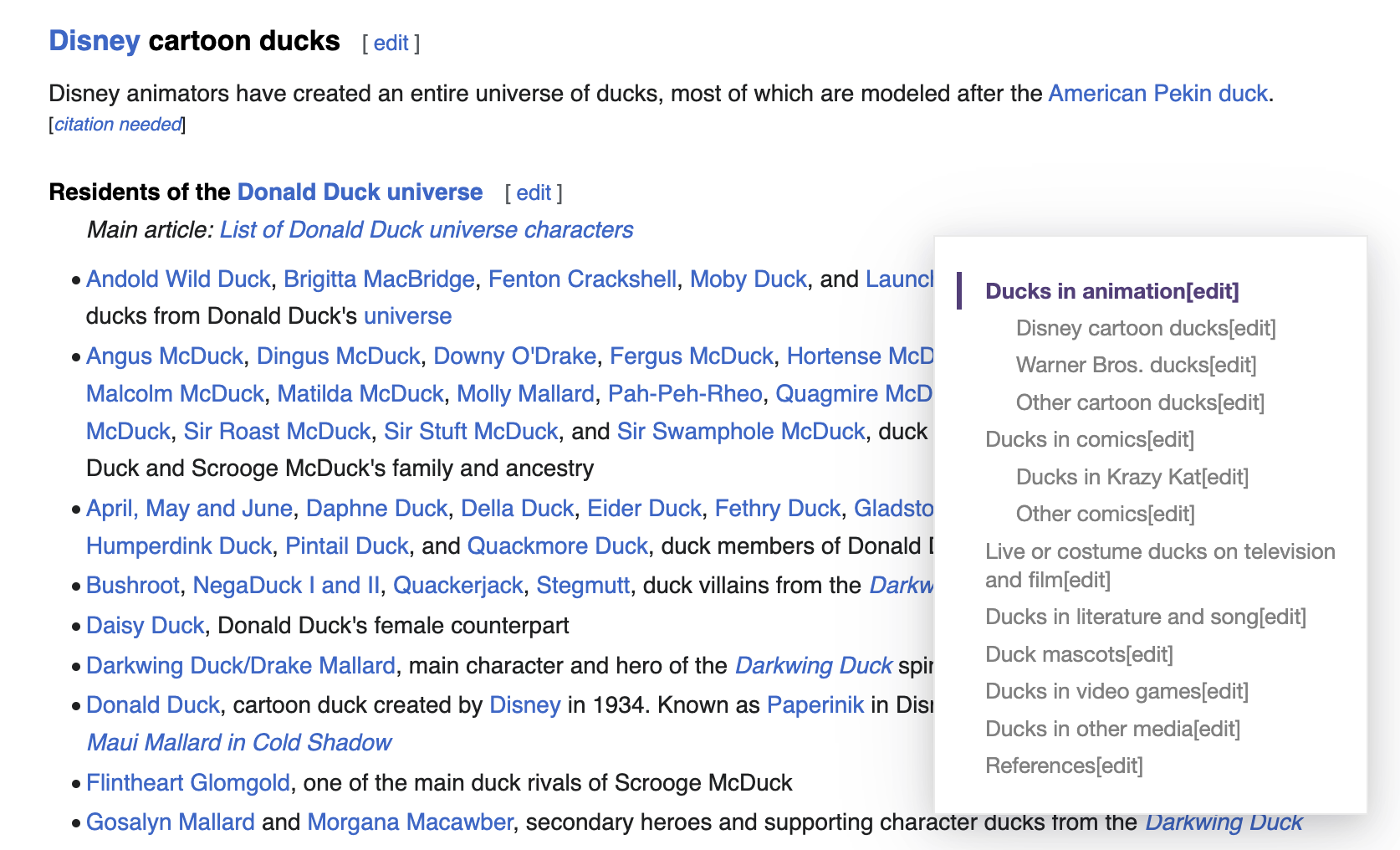 The Wikipedia list of fictional ducks in Disney's Donald Duck universe, with a table of contents created by the Smart TOC browser extension.