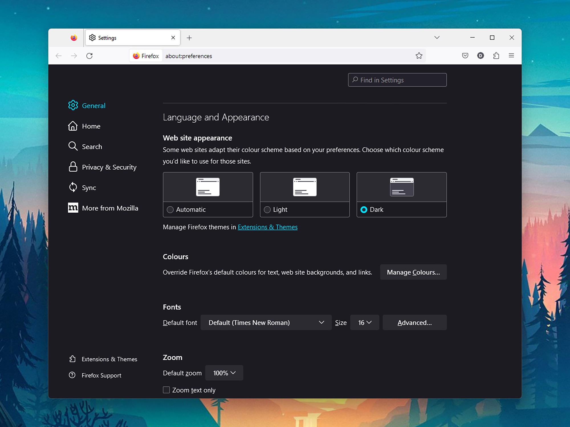 The appearance settings in Mozilla Firefox, showing the dark mode setting.