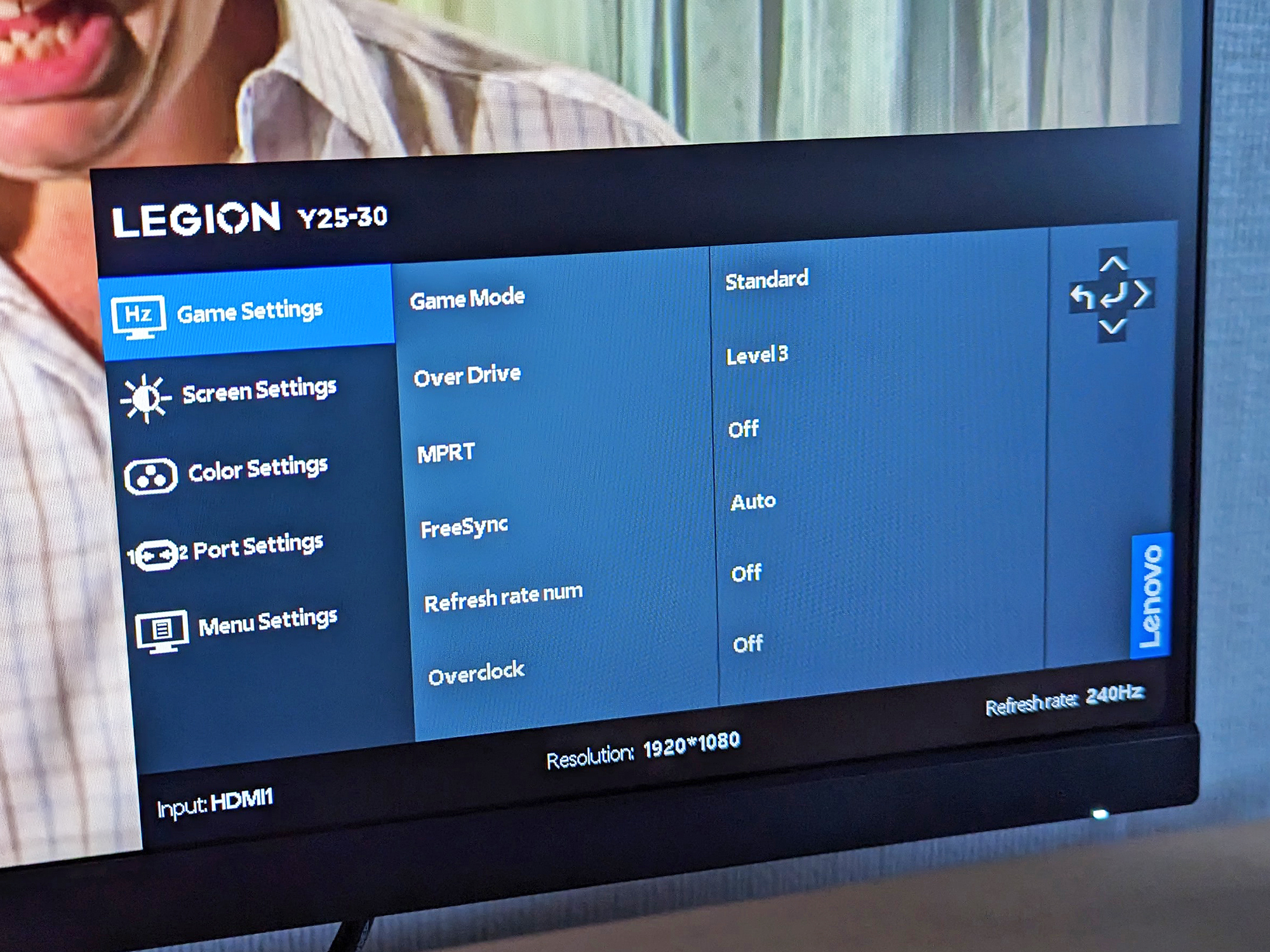 The color calibration settings on a Lenovo Legion computer monitor.