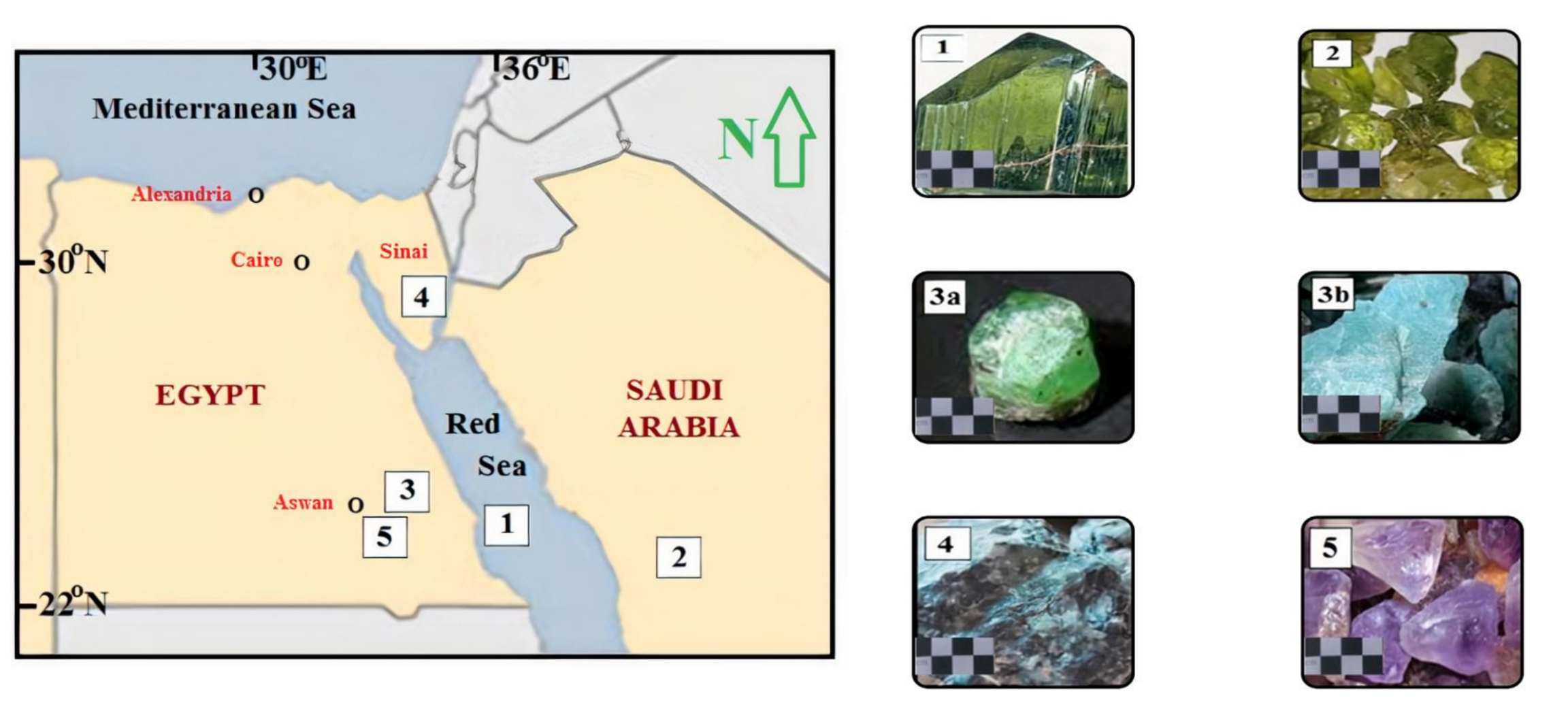 Locations of the investigated gem minerals from Egypt and Saudi Arabia. Scaled photos of colored gem minerals are given. For all, field of view (FOV) = 4 cm. (1) Peridot, Zabargad (St. John’s), off the Egyptian Red Sea coast. (2) Peridot from Harrat Kishb (volcanic field), Saudi Arabia. (3a) Emerald and (3b) Amazonite, Wadi Sikait, Wadi El-Gemal area, Eastern Desert, Egypt. (4) Low-grade emerald (beryl), Wadi Ghazala, Sinai Peninsula, Egypt. (5) Amethyst, Aswan area, Eastern Desert, Egypt. CREDIT: Khedr et al.