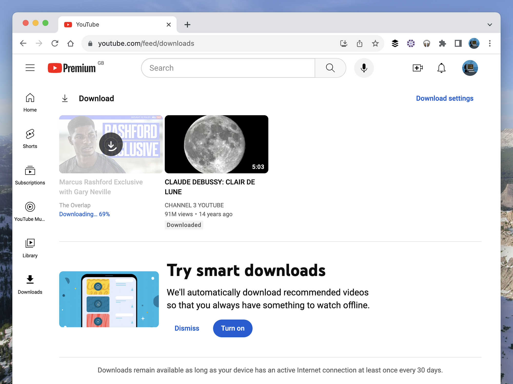 The YouTube Premium downloads page on Google Chrome for desktop.