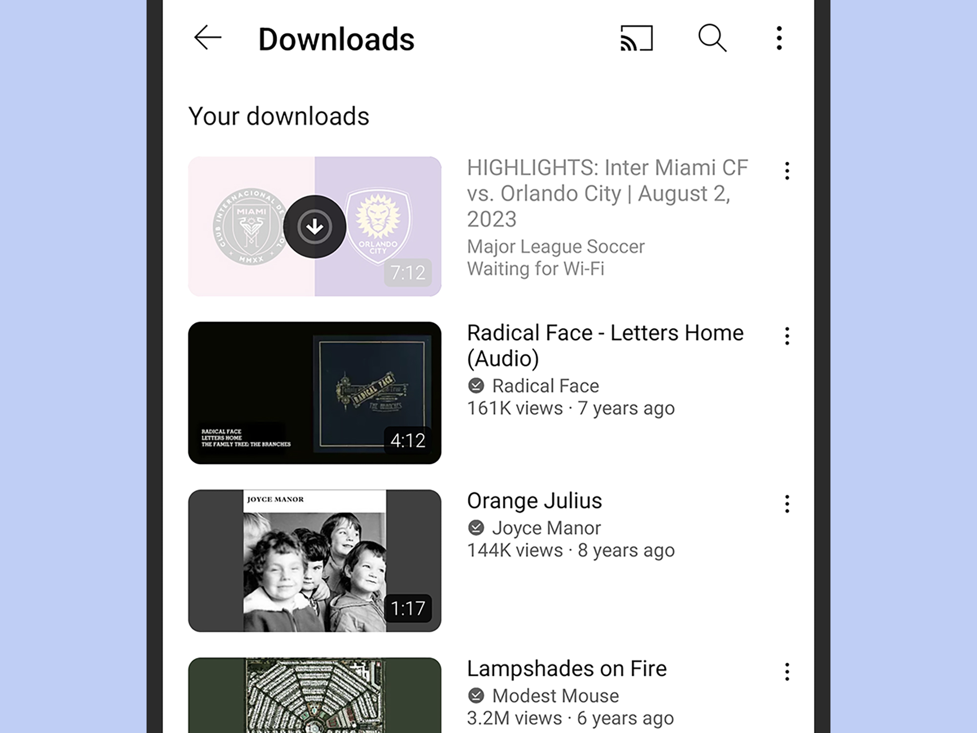 The YouTube app on a phone, showing all downloaded videos.