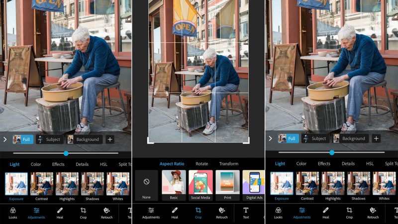  Multiple screenshots of the Adobe Photoshop Express image editing app