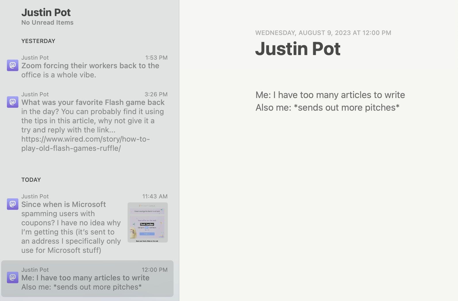 A Mastodon social RSS feed in an RSS reader.