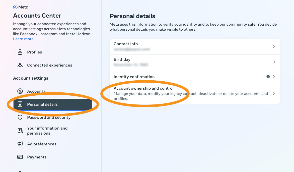 The location of the Facebook account settings for deleting or deactivating your Facebook account, under personal details and account ownership and control.