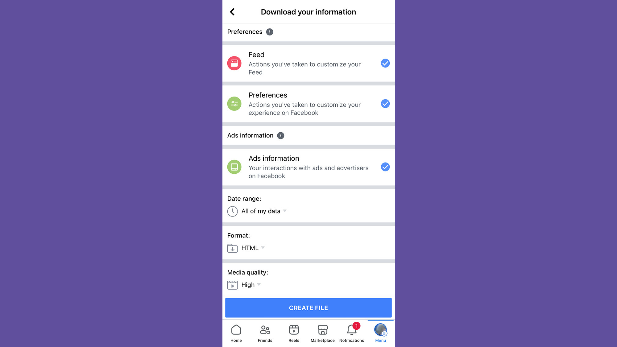 The options for downloading your Facebook data from the Facebook app.