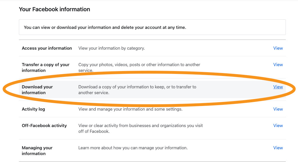 The Facebook settings page showing where you can download your Facebook information.