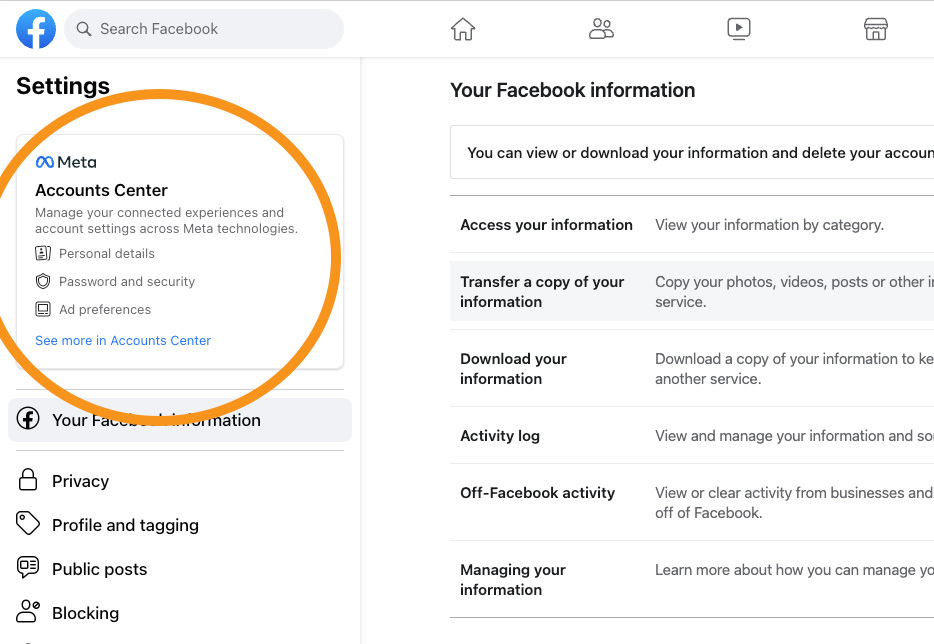 Facebook's settings, showing where to find the Meta Accounts Center to delete your Facebook account.