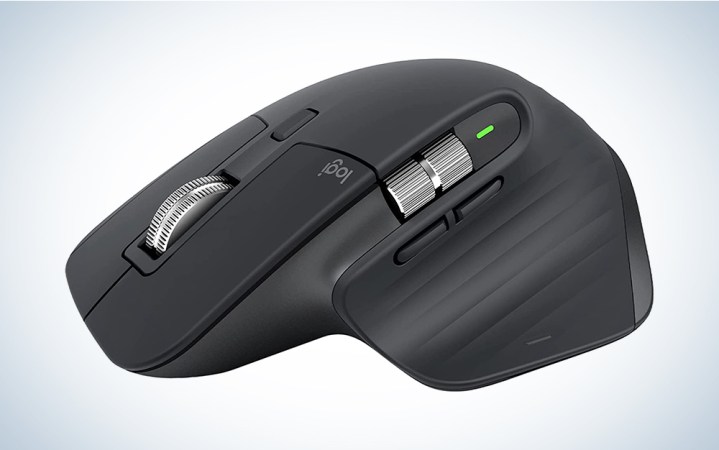  A black MX Master 3S Logitech mouse on a blue and white background