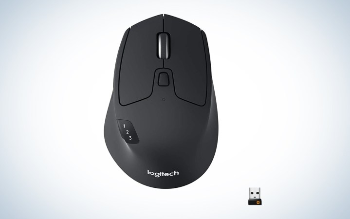  A Logitech M720 Triathlon wireless mouse on a blue and white background