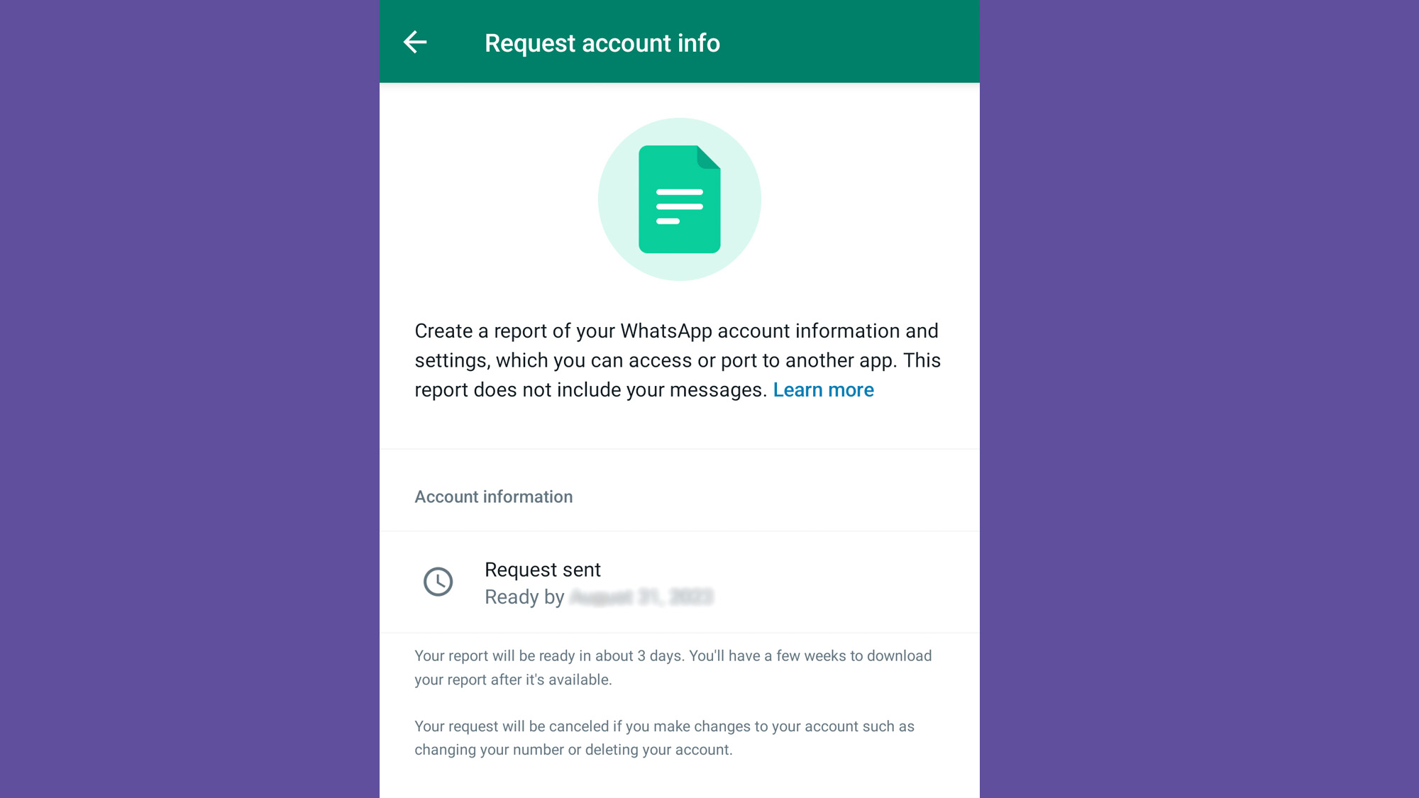 WhatsApp's request account info menu