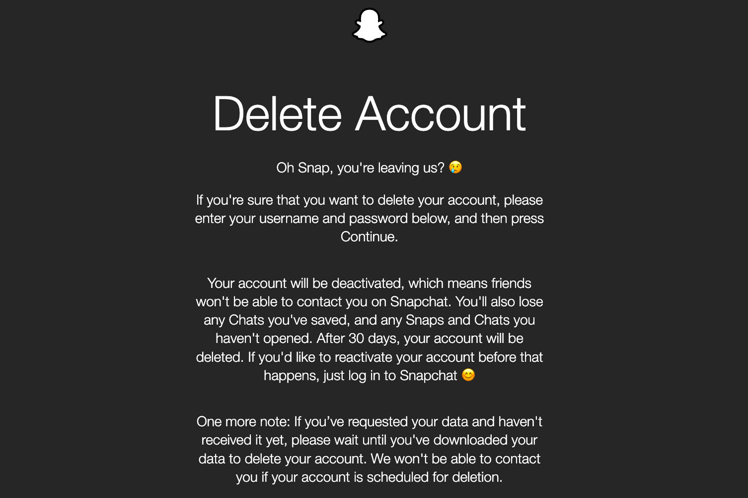 Snapchat's delete account screen.