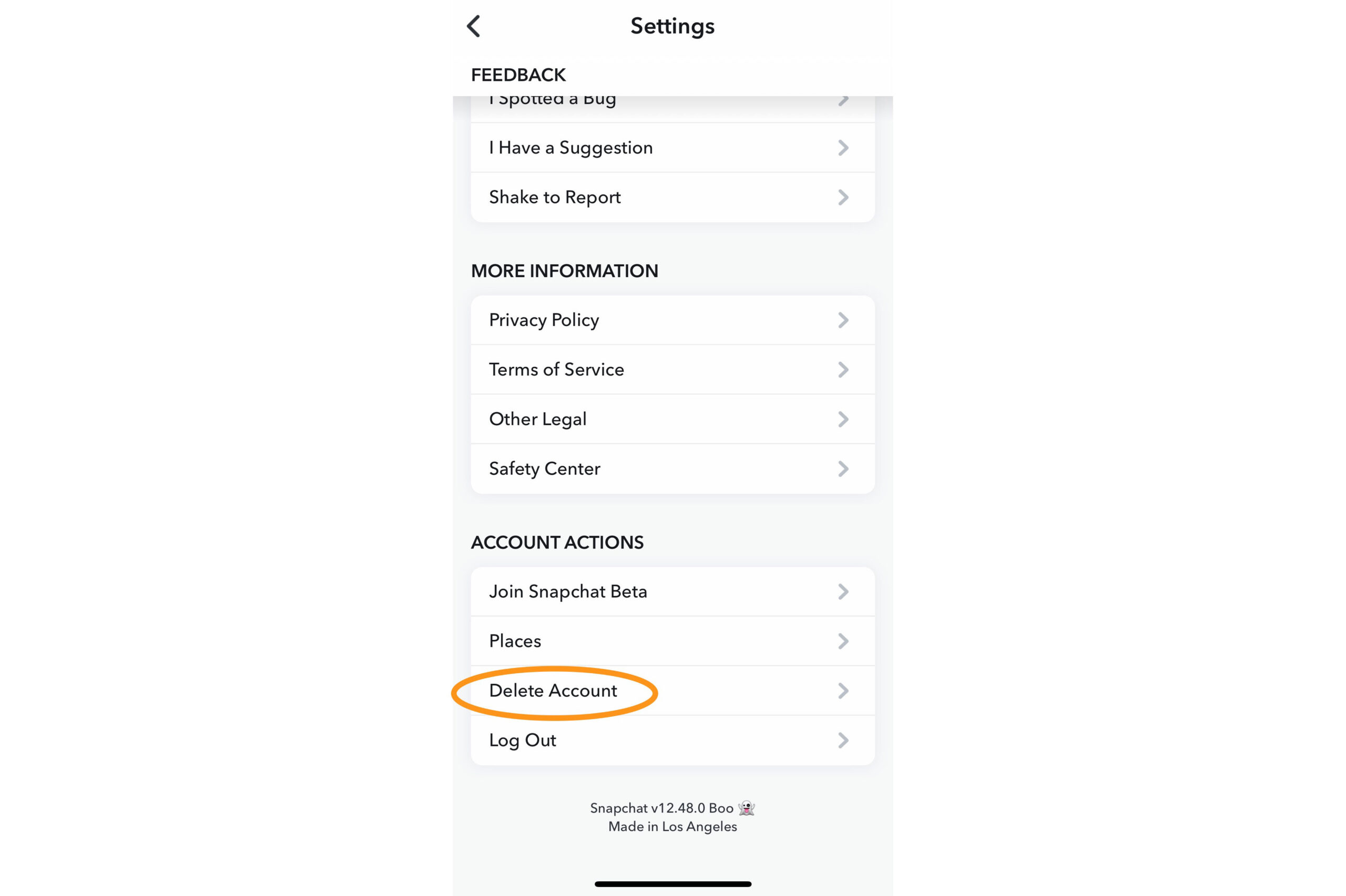 Snapchat's profile settings, showing where to find the button to delete your Snapchat account.