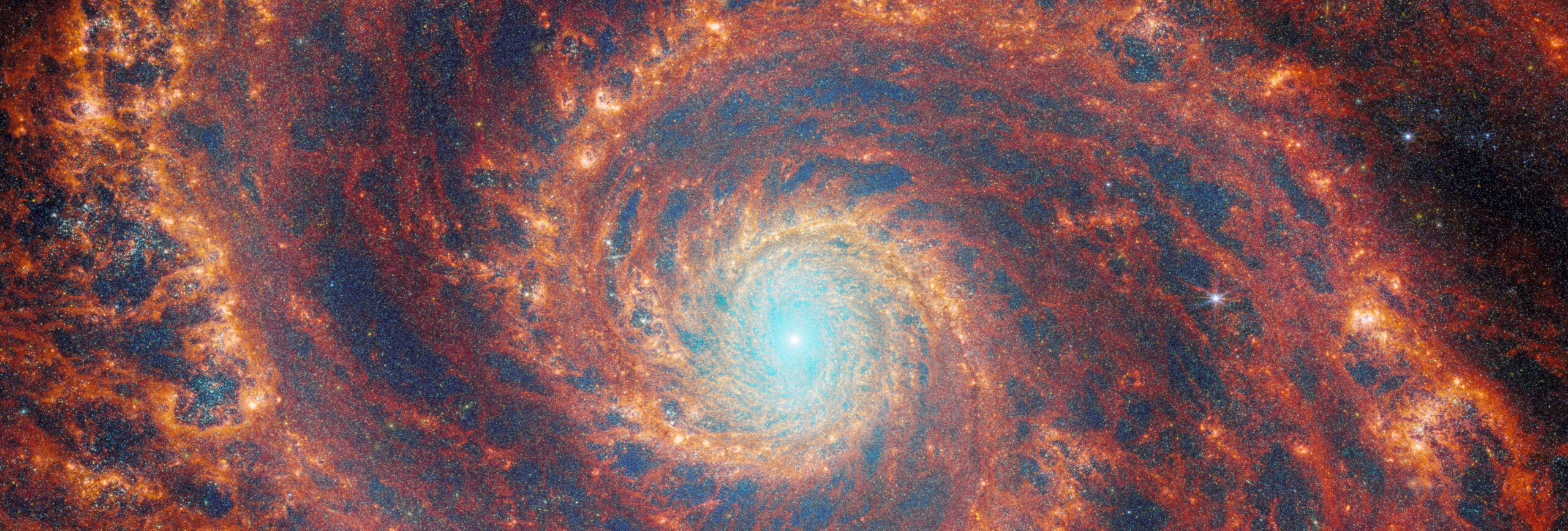 A large spiral galaxy takes up the entirety of the image. The core is mostly bright white, but there are also swirling, detailed structures that resemble water circling a drain. There is white and pale blue light that emanates from stars and dust at the core’s center, but it is tightly limited to the core. The rings feature colors of deep red and orange and highlight filaments of dust around cavernous black bubbles
