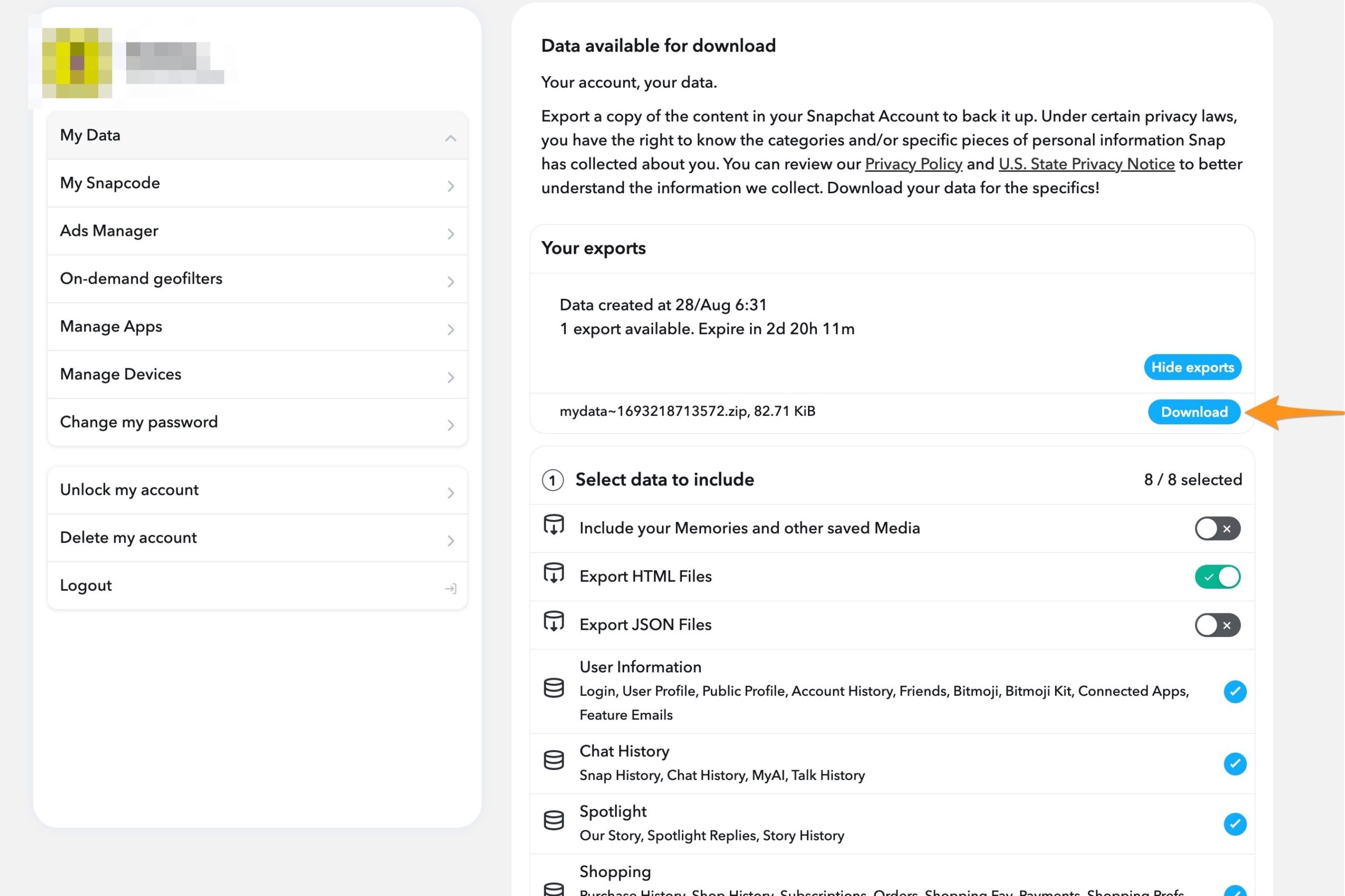 Snapchat's data screen showing where to download saved data.