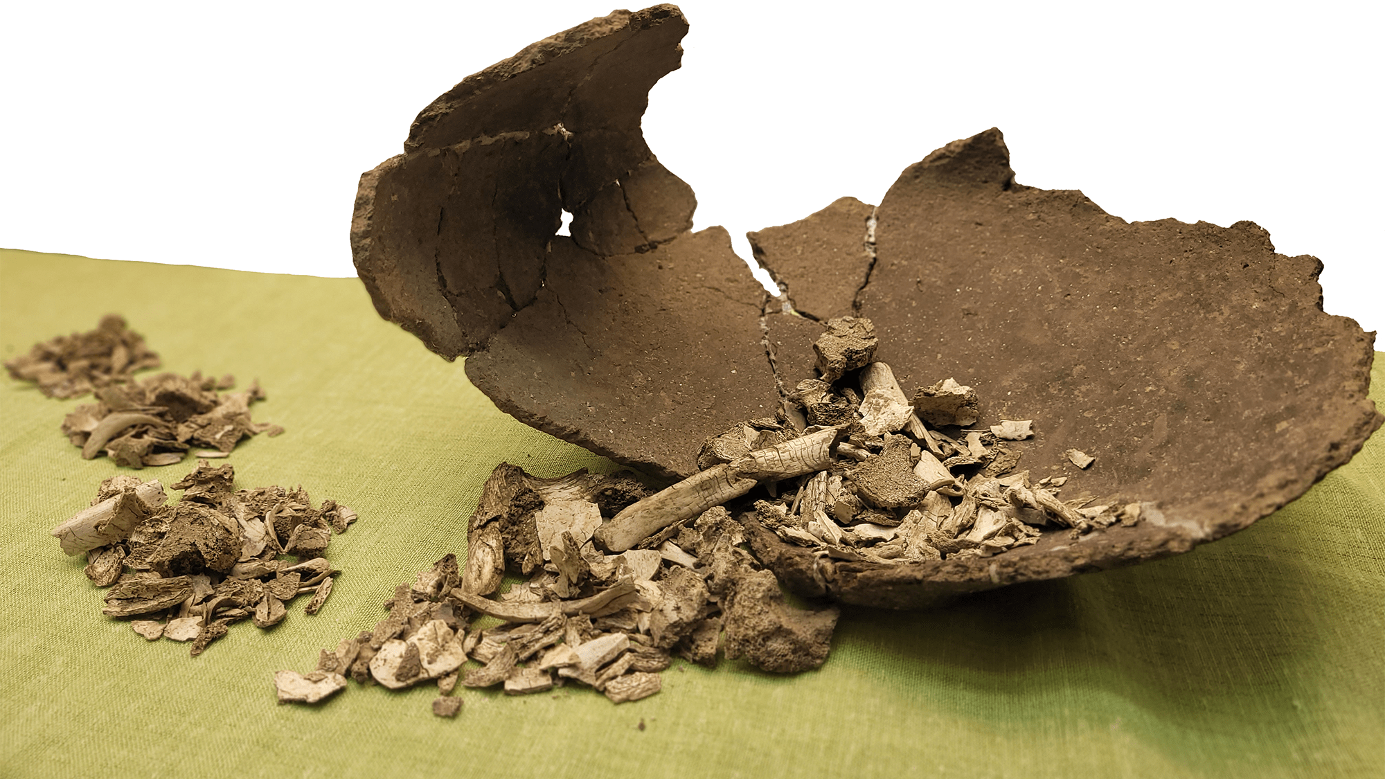 A Late Bronze Age urn from Austria in roughly 1400-1300 BCE, containing cremated human remains. The urn is open on a table, with dusty pieces spilling out of it.