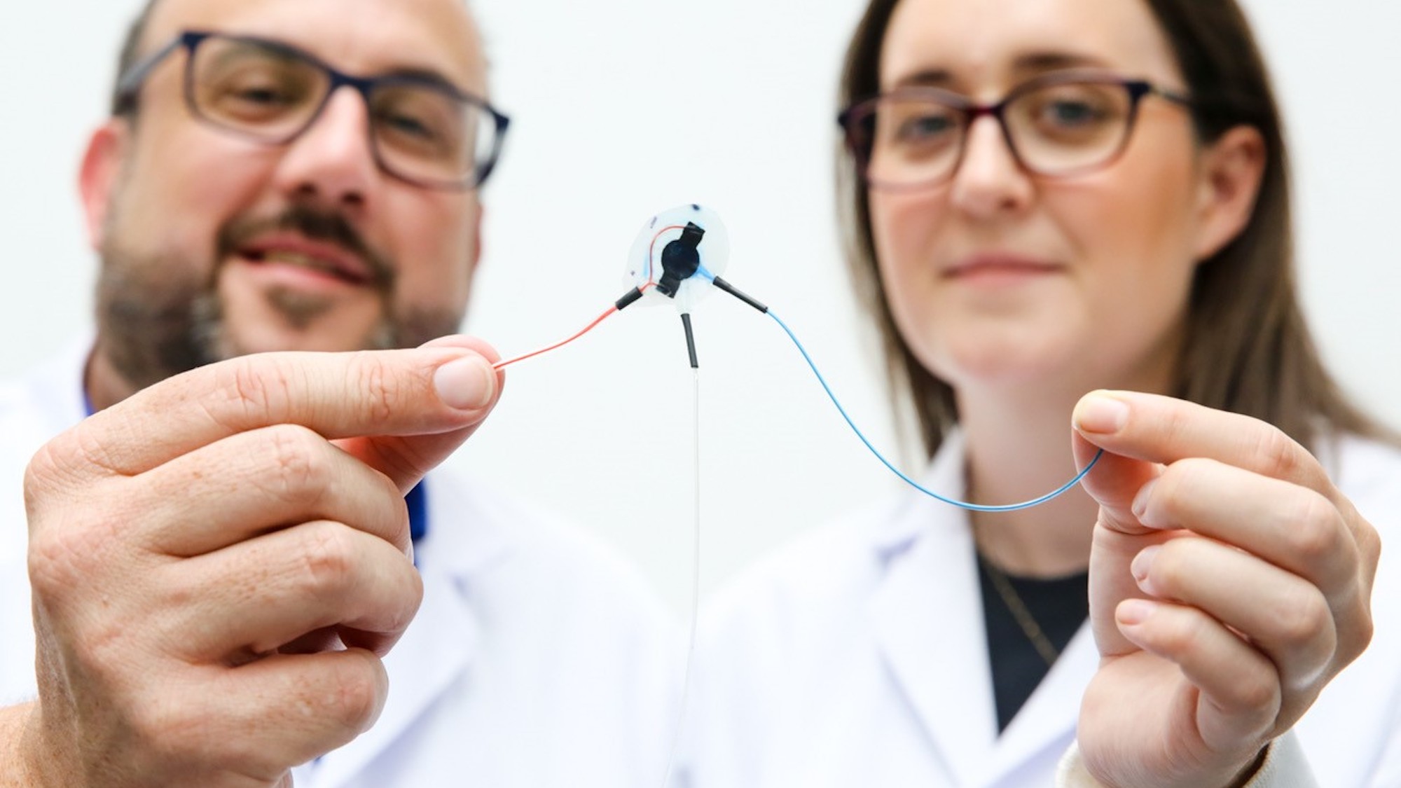 Professor Garry Duffy and Dr Rachel Beatty show the soft robotic implant developed by University of Galway and MIT