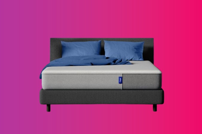 A Casper mattress on a pink and purple gradient background