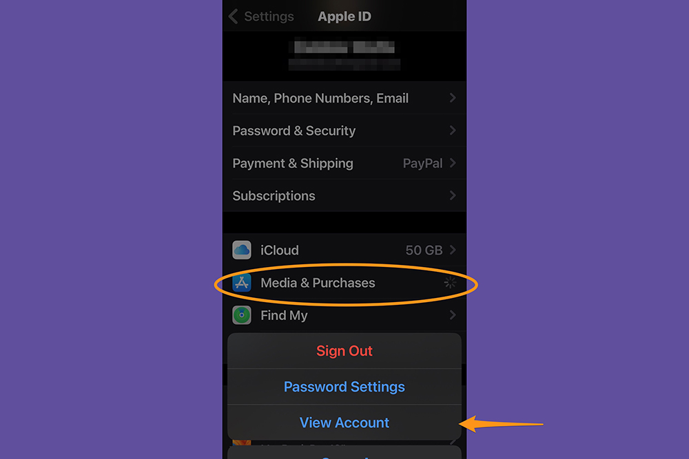 The iOS settings app showing Media & Purchases.